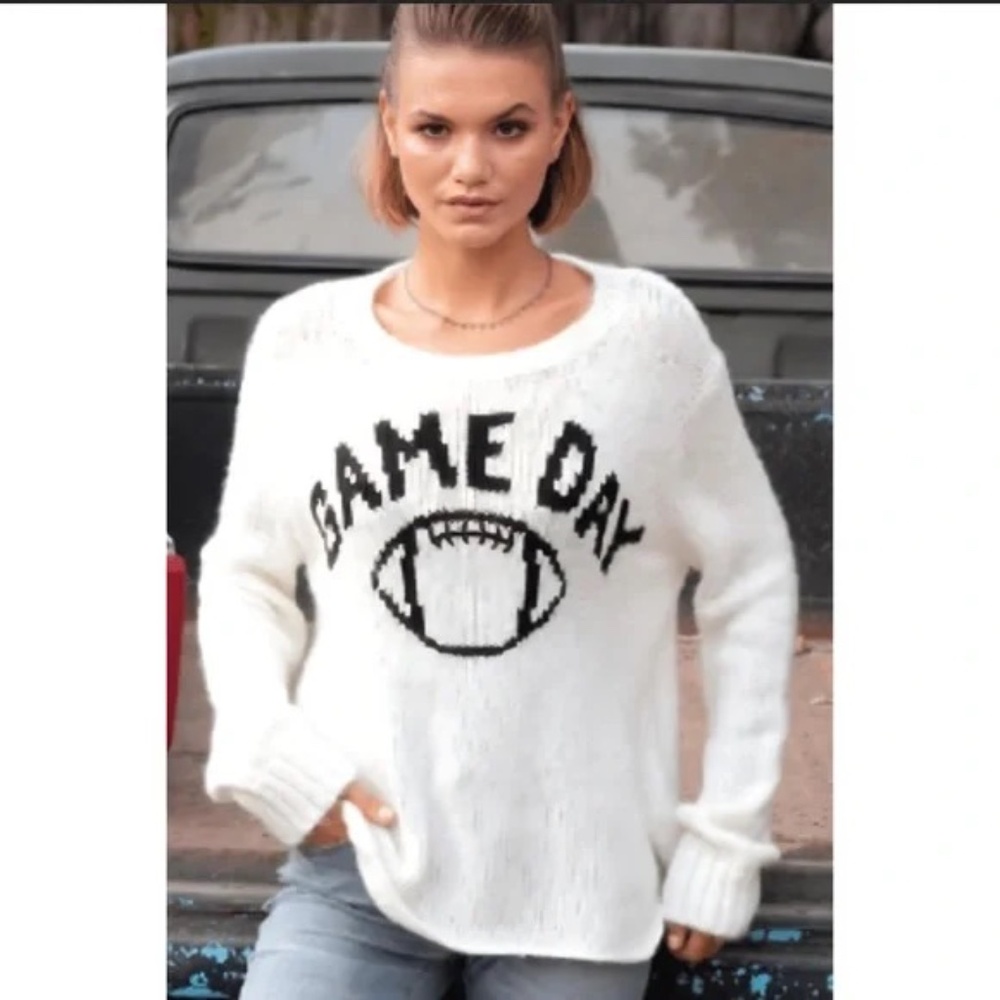 Wooden Ships Game Day White/Black Football Chunky Knit Sweater